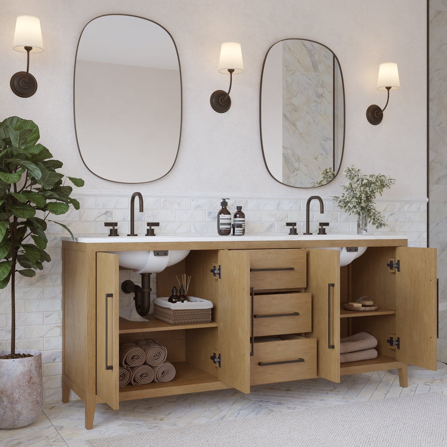 Bergen 72" Double Bathroom Vanity | Brushed Oak | Calacatta Gold Quartz