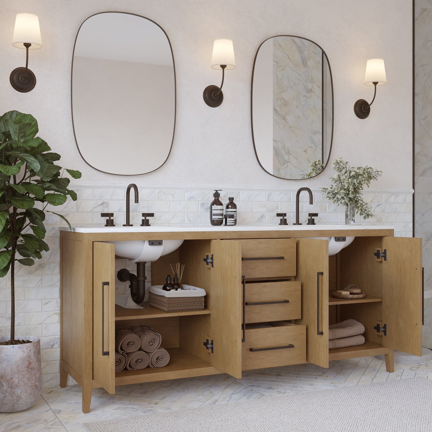 Bergen 72" Double Bathroom Vanity in Wire Brushed Oak | White Statuario Quartz Countertop