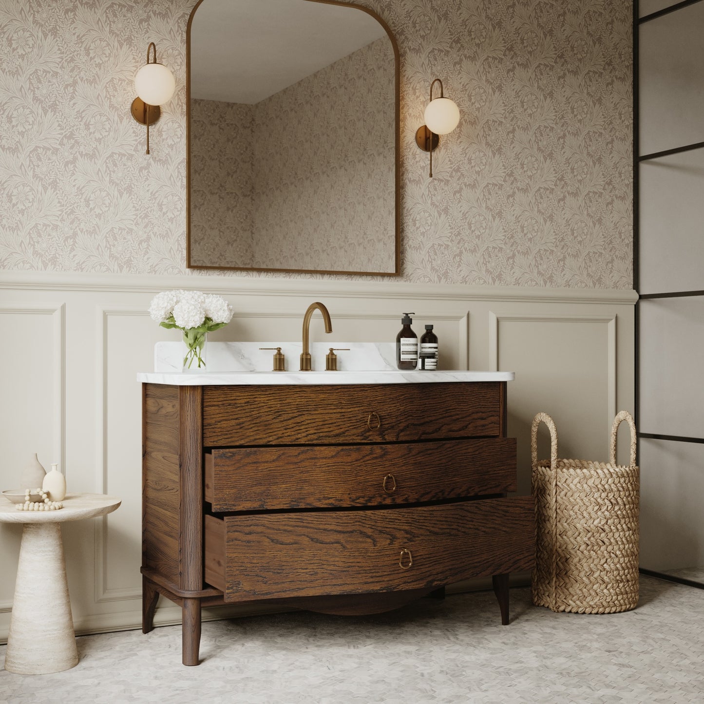 Grace 48" Single Bathroom Vanity | Enhanced Brown Oak | Statuario Quartz Countertop