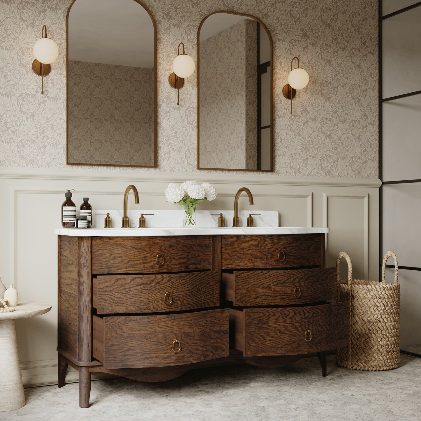 Grace 60" Double Bathroom Vanity | Enhanced Brown Oak | Statuario Quartz Countertop