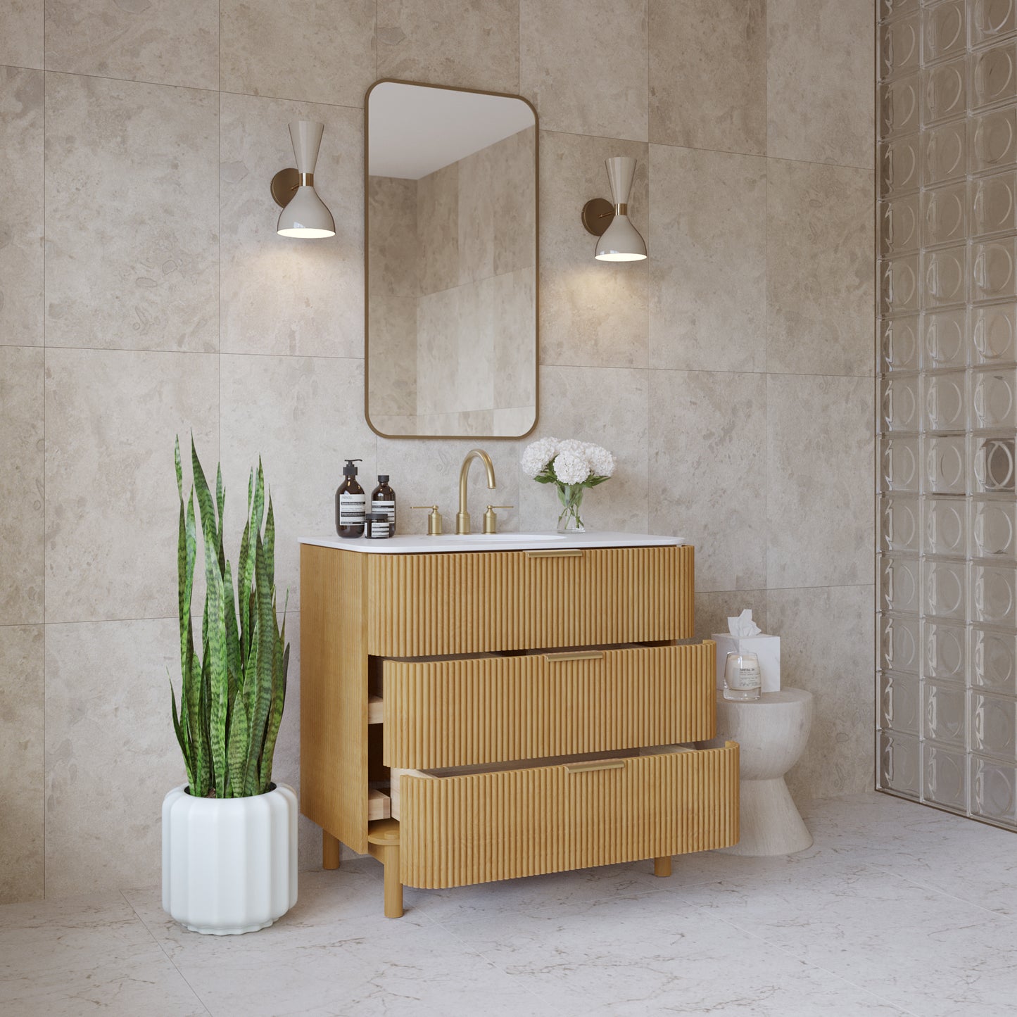 Havana 36" Single Bathroom Vanity in Reeded Birch | White Quartz Countertop