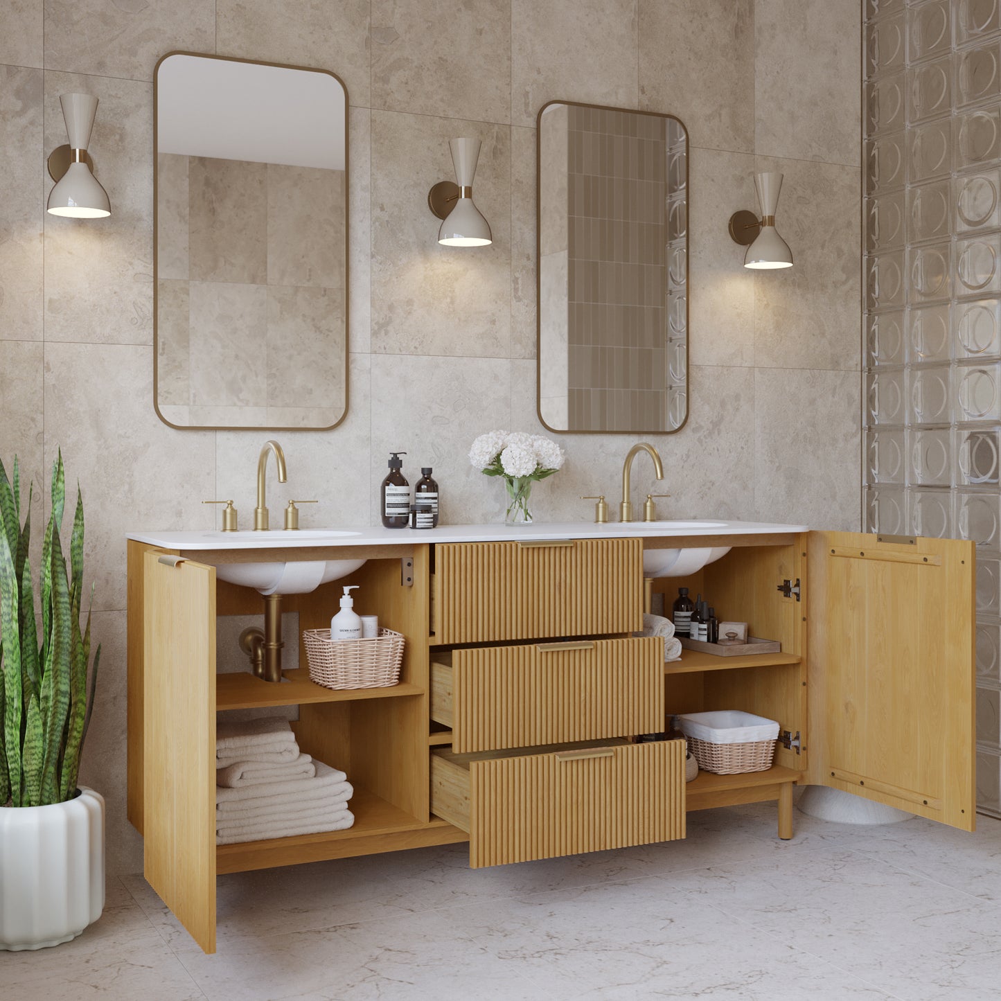 Havana 72" Double Bathroom Vanity in Reeded Birch | White Quartz Countertop