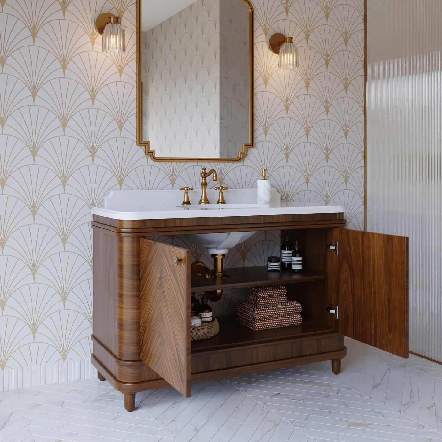 Tamara 48" Single Bathroom Vanity in Chevron Walnut and Statuario Quartz