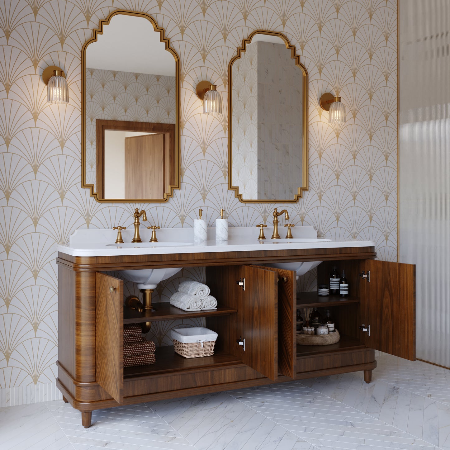 Tamara 72" Double Bathroom Vanity in Chevron Walnut and Statuario Quartz