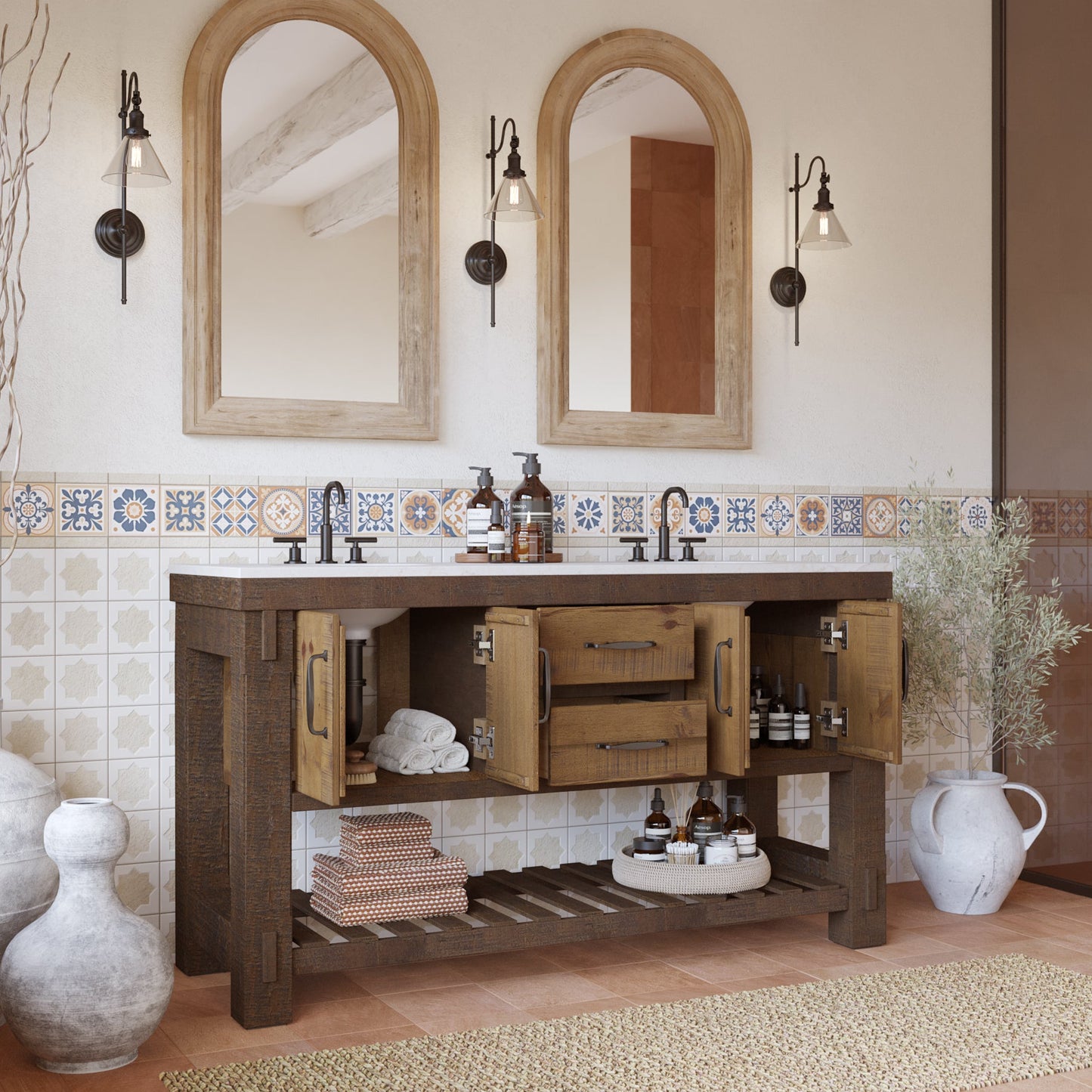 Telluride 60" Wide Double Bathroom Vanity | White Quartz Countertop