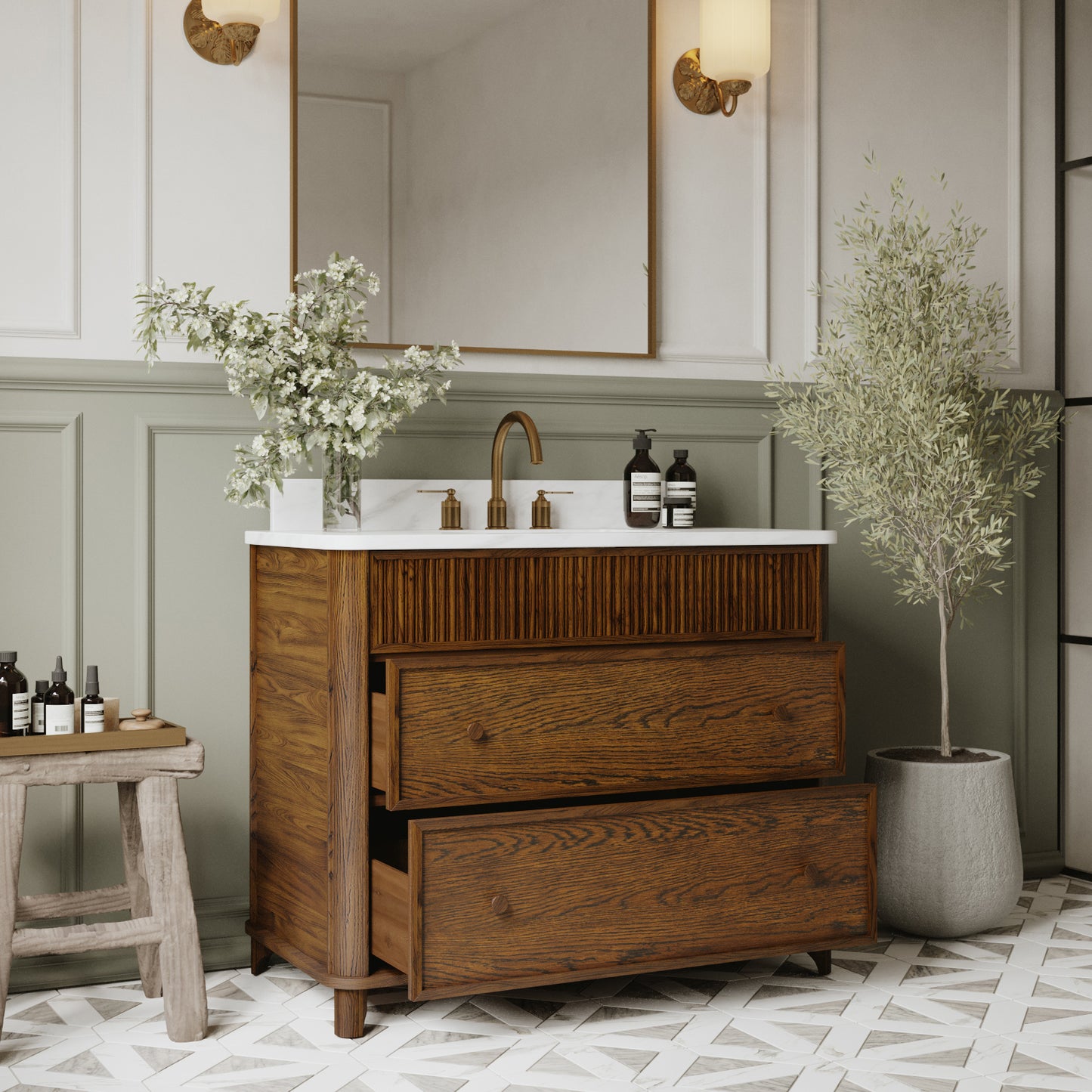 Kathryne 42" Single Bathroom Vanity in Enhanced Brown Oak | Statuario Quartz Countertop