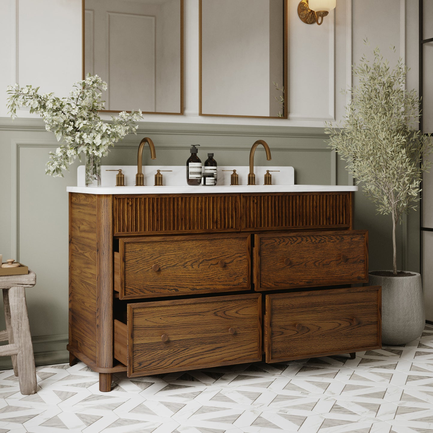 Kathryne 54" Double Bathroom Vanity in Enhanced Brown Oak | Statuario Quartz Countertop