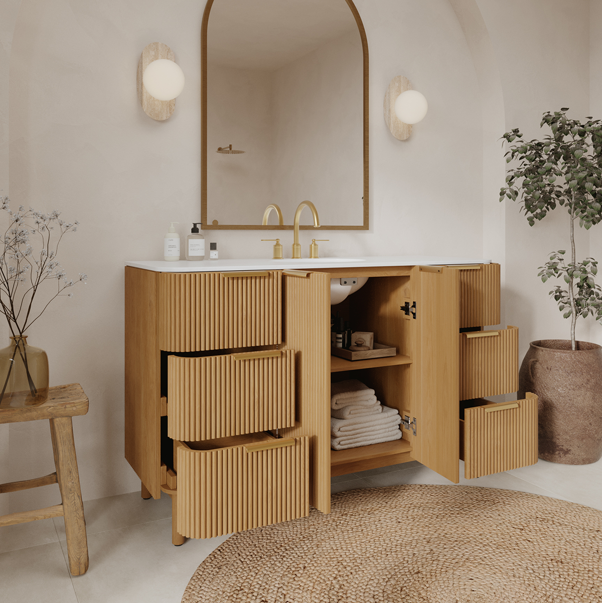 Havana 54" Single Bathroom Vanity in Reeded Birch | White Quartz Countertop