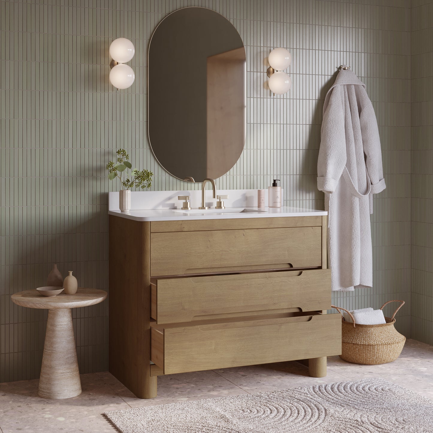 Oslo 42" Single Bathroom Vanity in Varnished Oak | White Quartz Countertop
