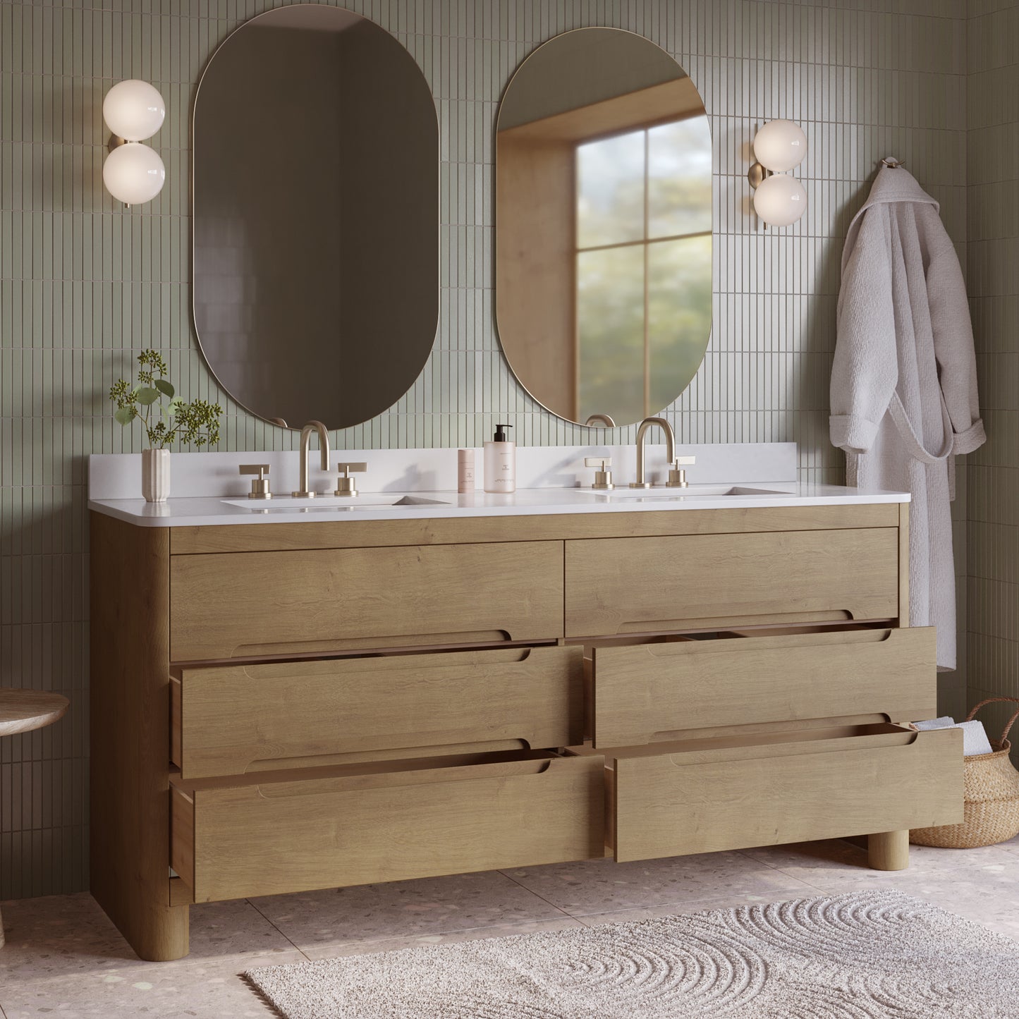 Oslo 72" Double Bathroom Vanity in Varnished Oak | White Quartz Countertop