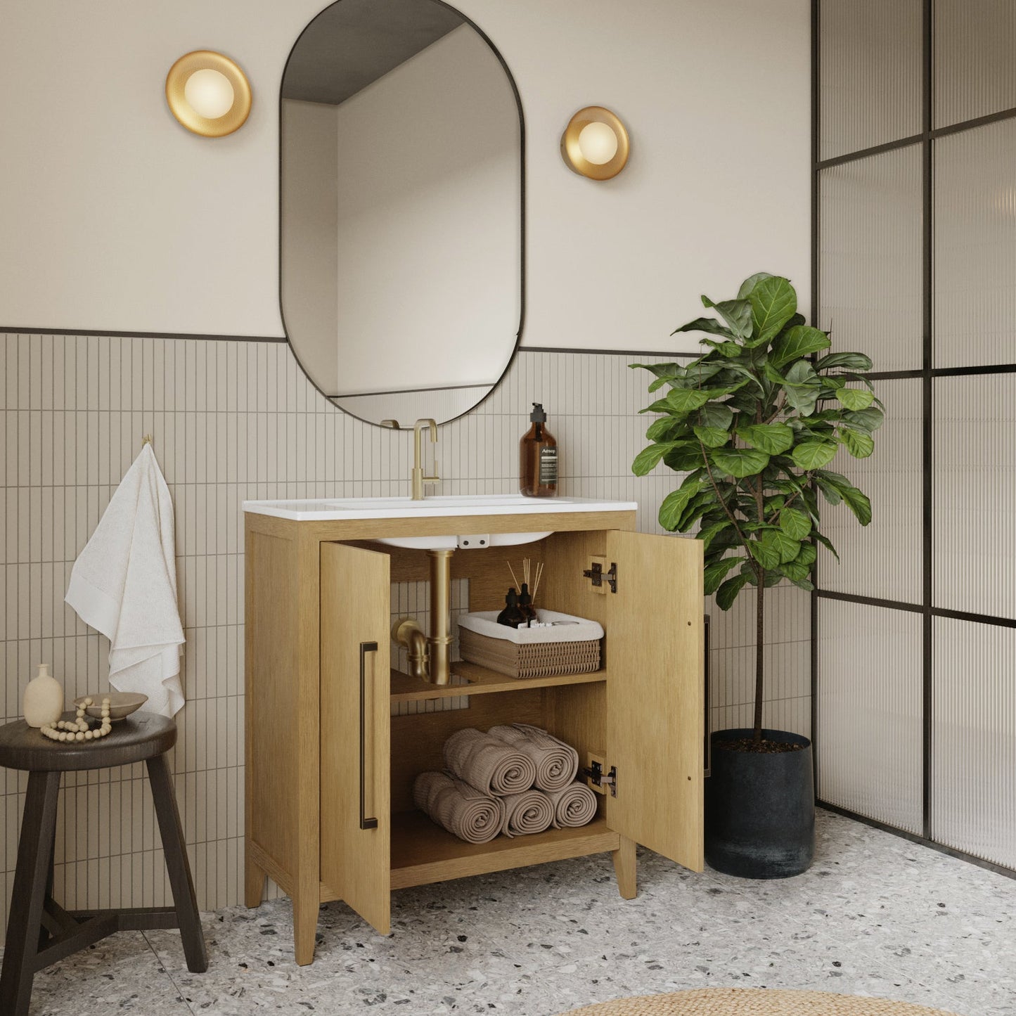Bergen 30"W x 14"D Single Bathroom Vanity | White Porcelain Countertop