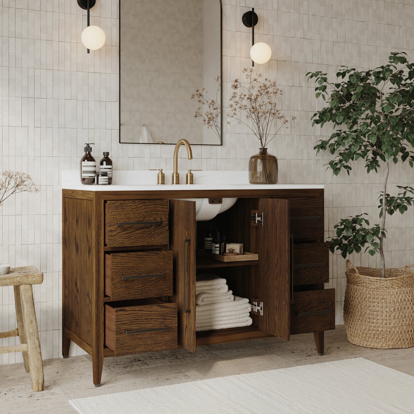 Bergen 48" Double Bathroom Vanity in Enhanced Brown Oak | Calacatta Gold Quartz Countertop