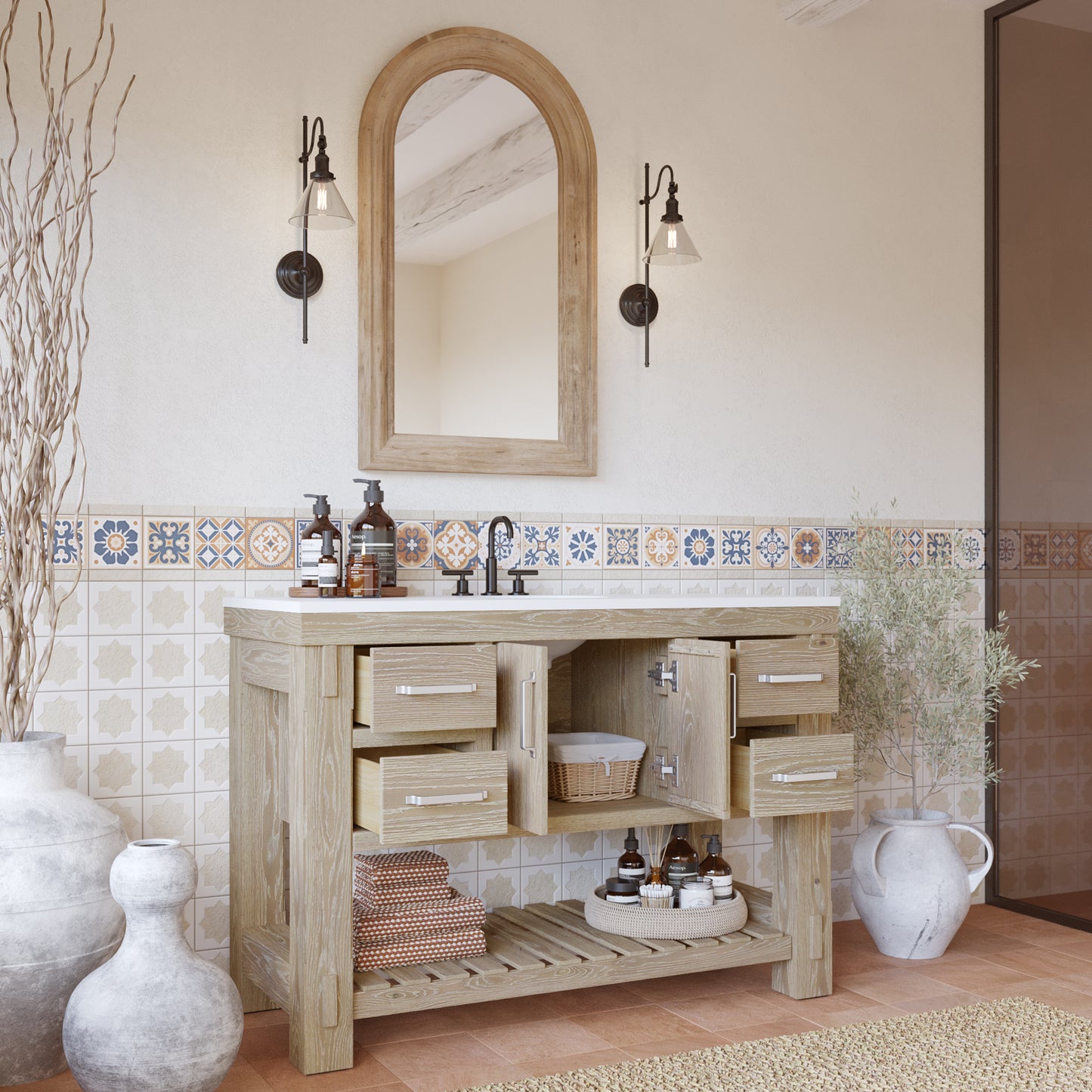 Telluride 48" Single Sink Bathroom Vanity in Washed Pine | White Quartz Countertop