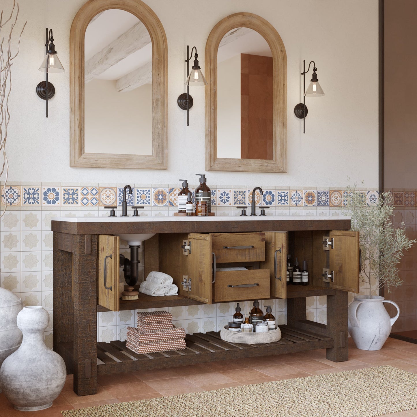 Telluride 66" Double Bathroom Vanity | White Quartz Countertop