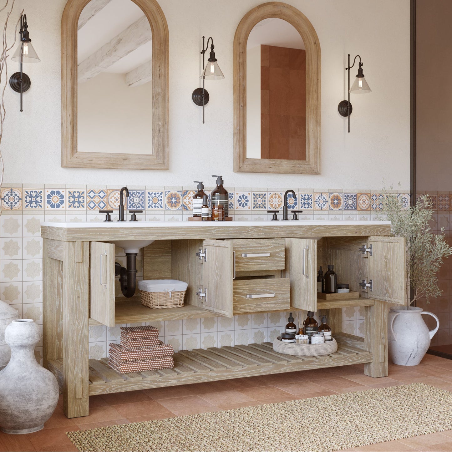 Telluride 72" Double Bathroom Vanity in Washed Pine | White Quartz Countertop
