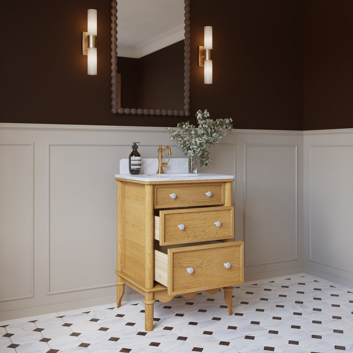 Juliette 24" Scallop Single Bathroom Vanity | Enhanced Natural Oak | Cultured Marble Countertop