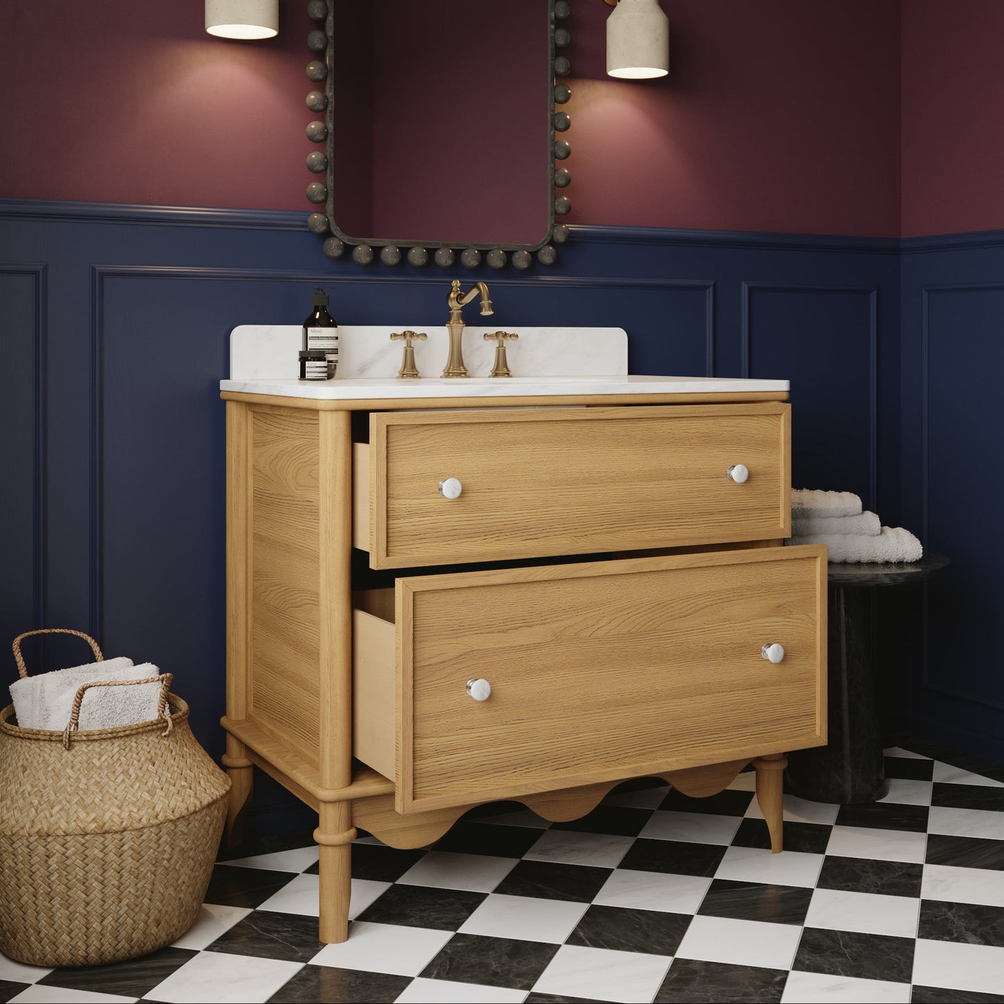 Juliette 36"W Scallop Single Bathroom Vanity | Natural Enhanced Oak | Cultured Marble Countertop