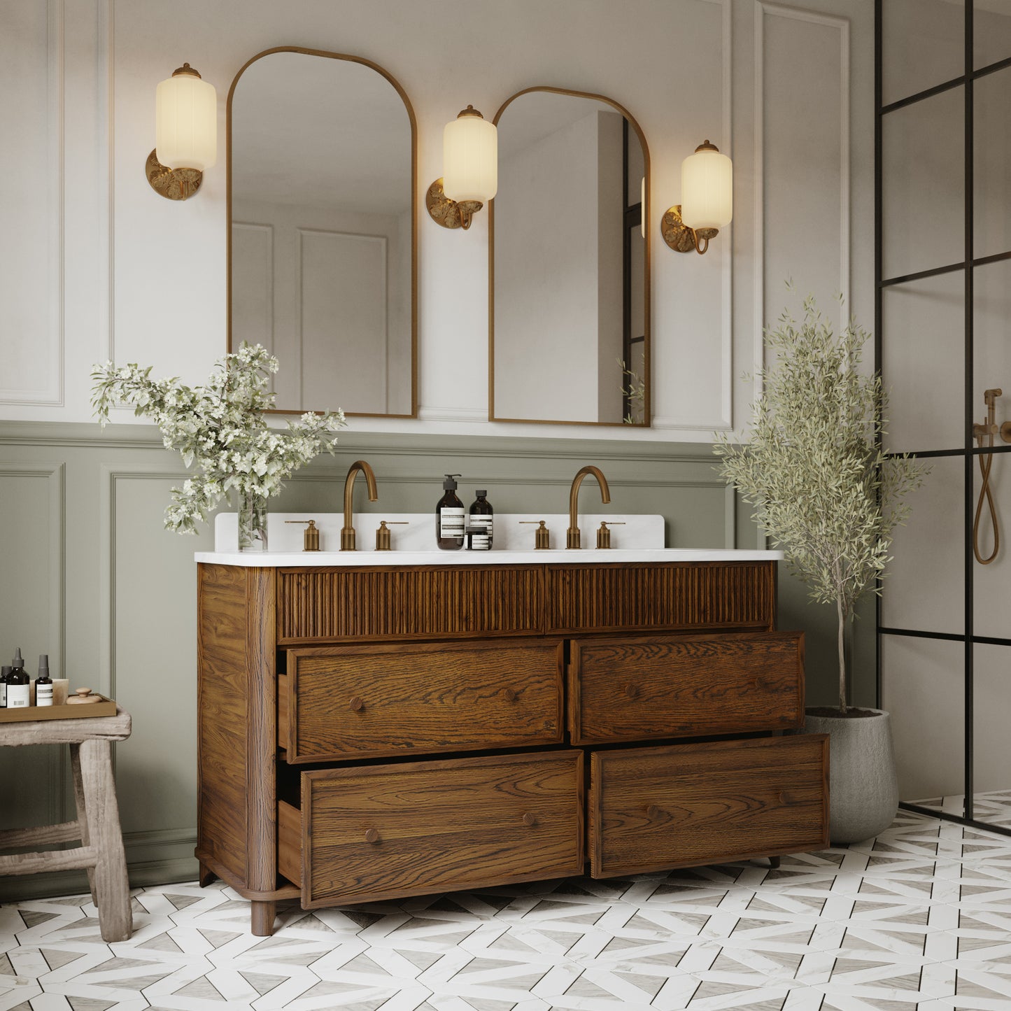 Kathryne 60" Double Bathroom Vanity in Enhanced Brown Oak | Statuario Quartz Countertop
