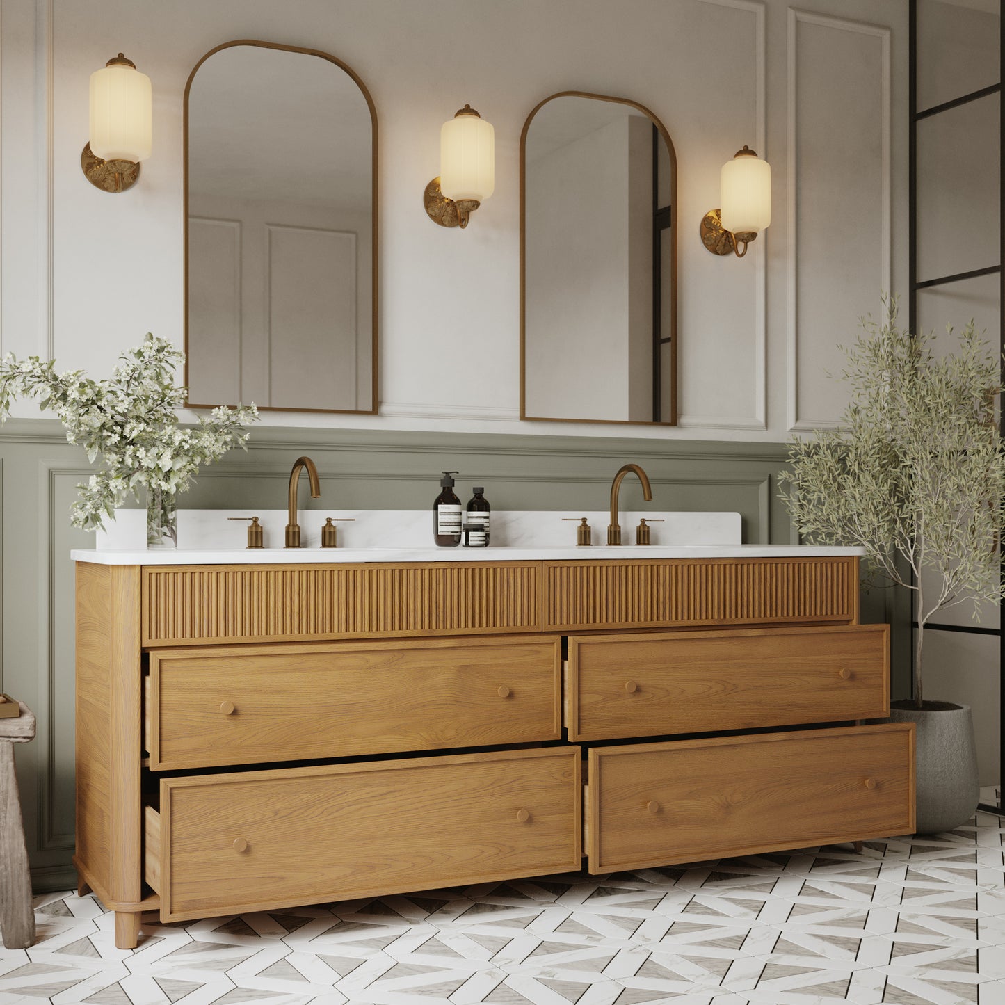Kathryne Reeded 84" Double Bathroom Vanity in Enhanced Natural Oak | Statuario Quartz Countertop