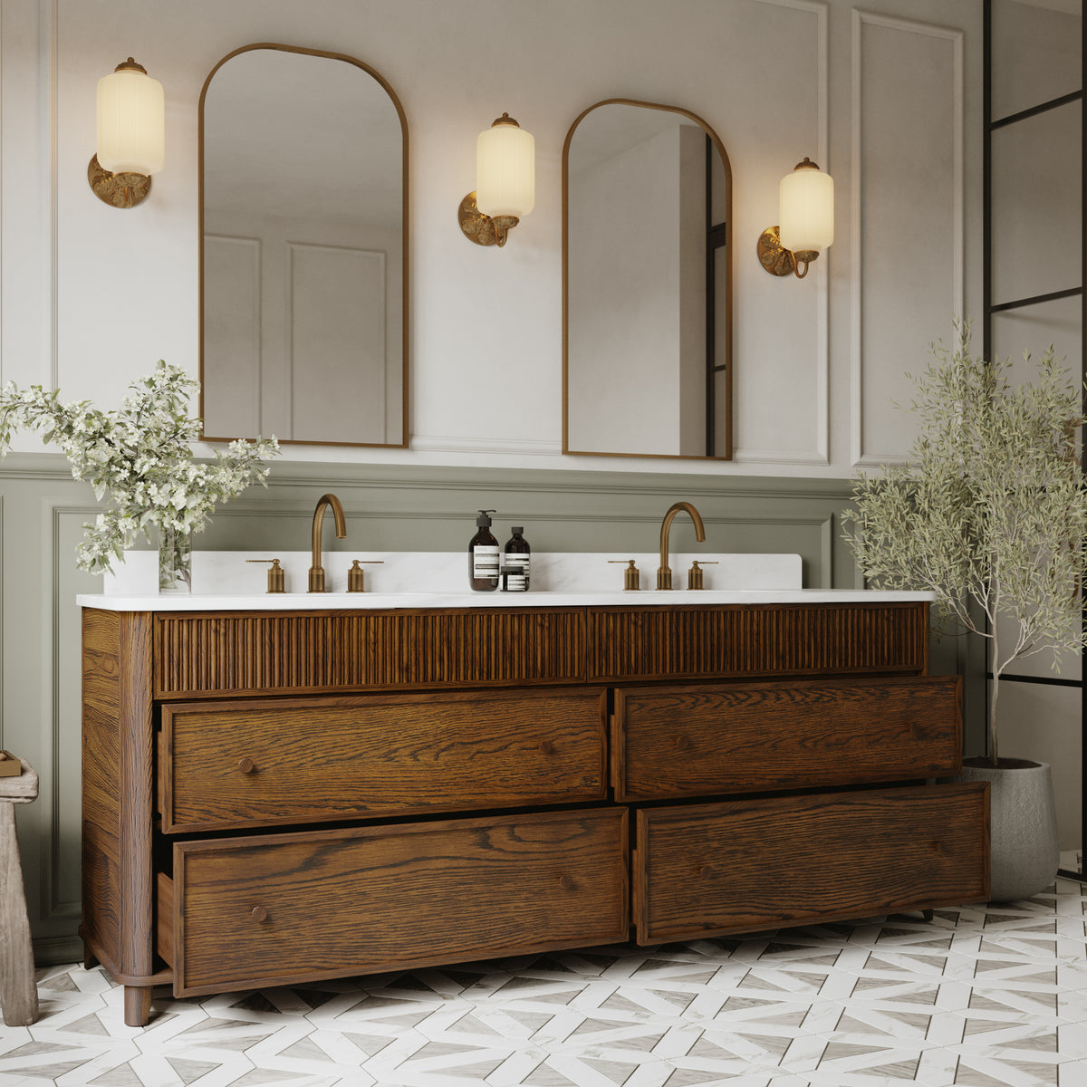 Kathryne Reeded 84" Double Bathroom Vanity in Enhanced Brown Oak | Statuario Quartz Countertop (Copy)