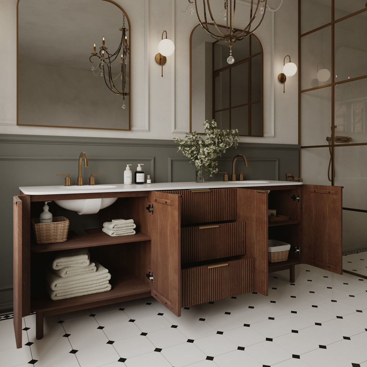 Havana 84" Double Bathroom Vanity in Brown Reeded Birch | Carrara Marble Countertop