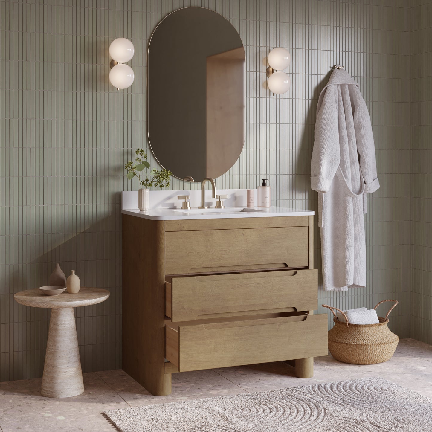 Oslo 36" Single Bathroom Vanity in Varnished Oak | White Quartz Countertop