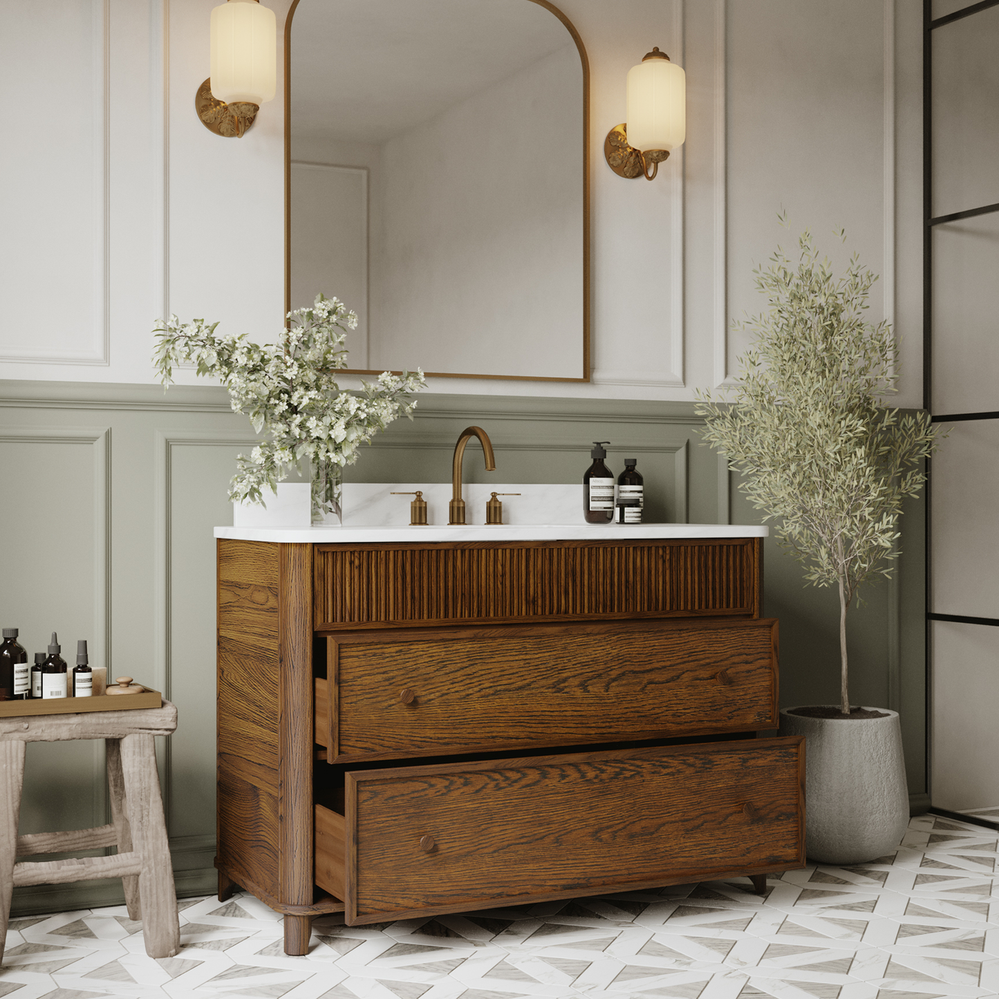 Kathryne 48" Bathroom Vanity in Enhanced Brown Oak | Statuario Quartz