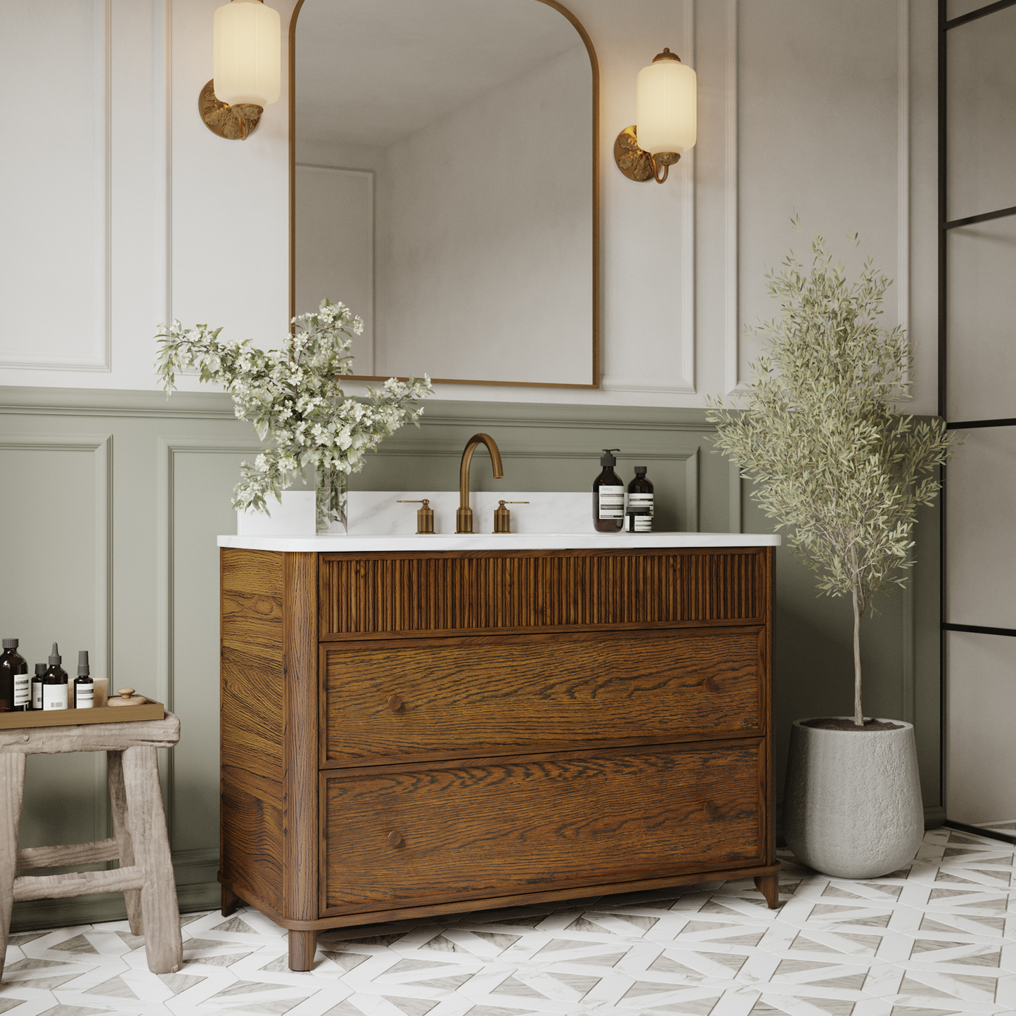 Kathryne 48" Bathroom Vanity in Enhanced Brown Oak | Statuario Quartz