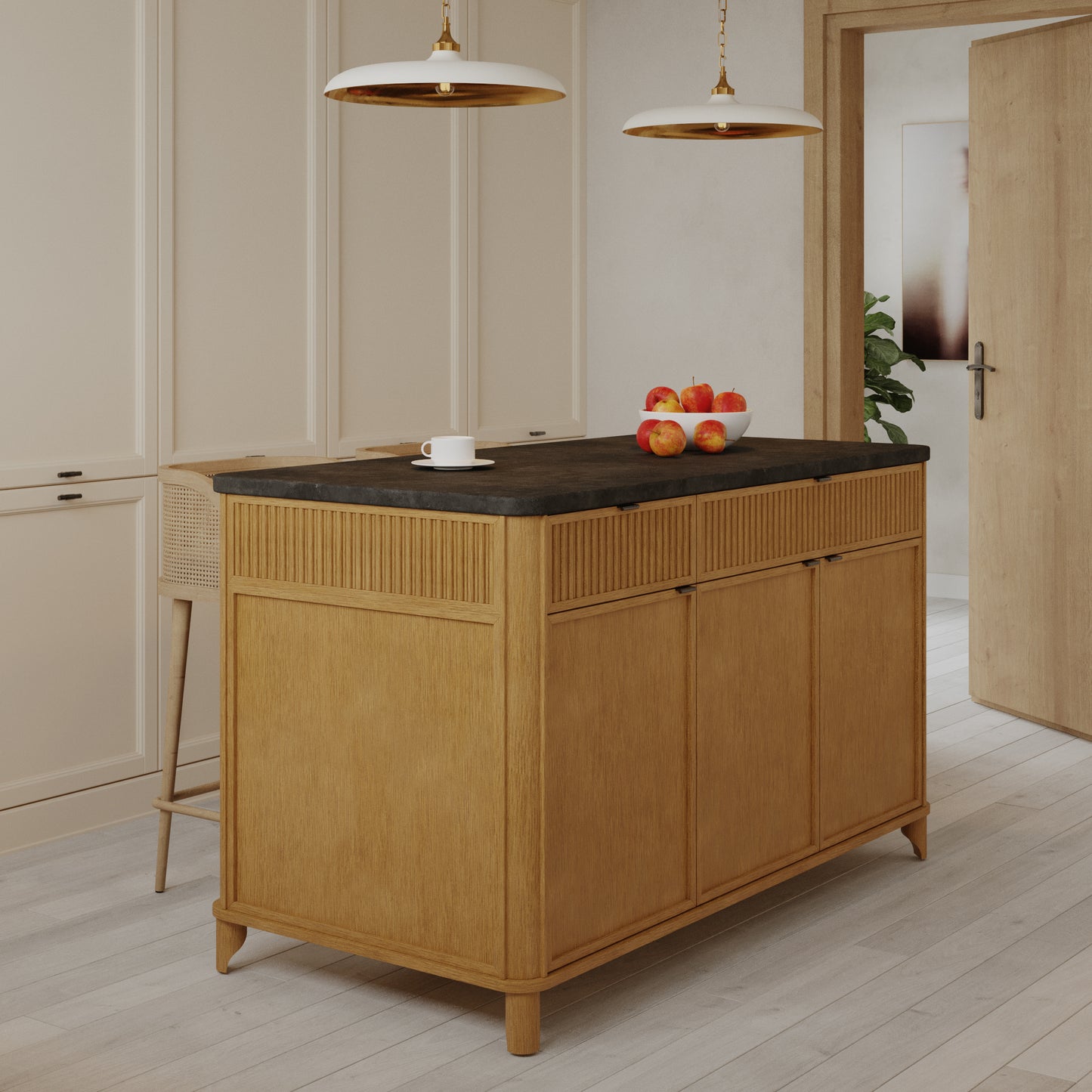 Kathryne 60" Kitchen Island in Oak | Quartz Countertop