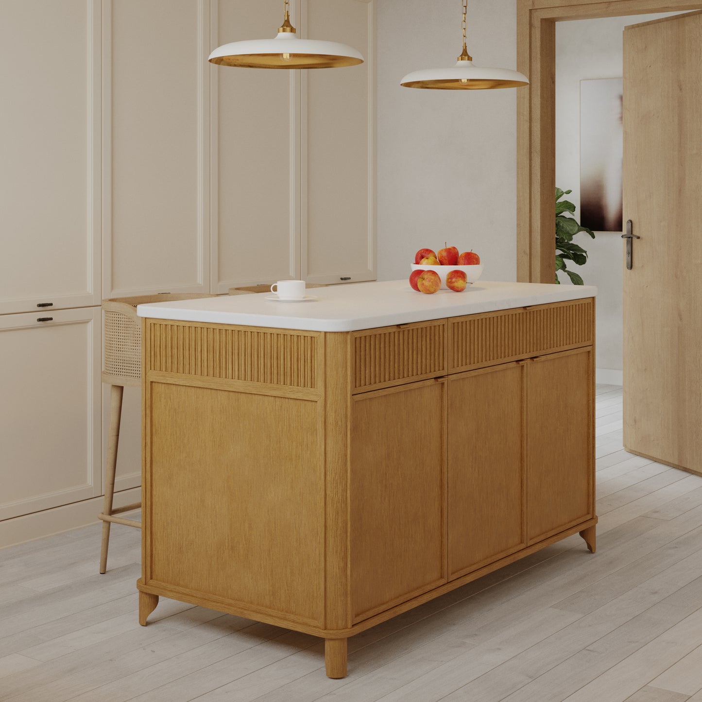 Kathryne 60" Kitchen Island in Oak | Quartz Countertop