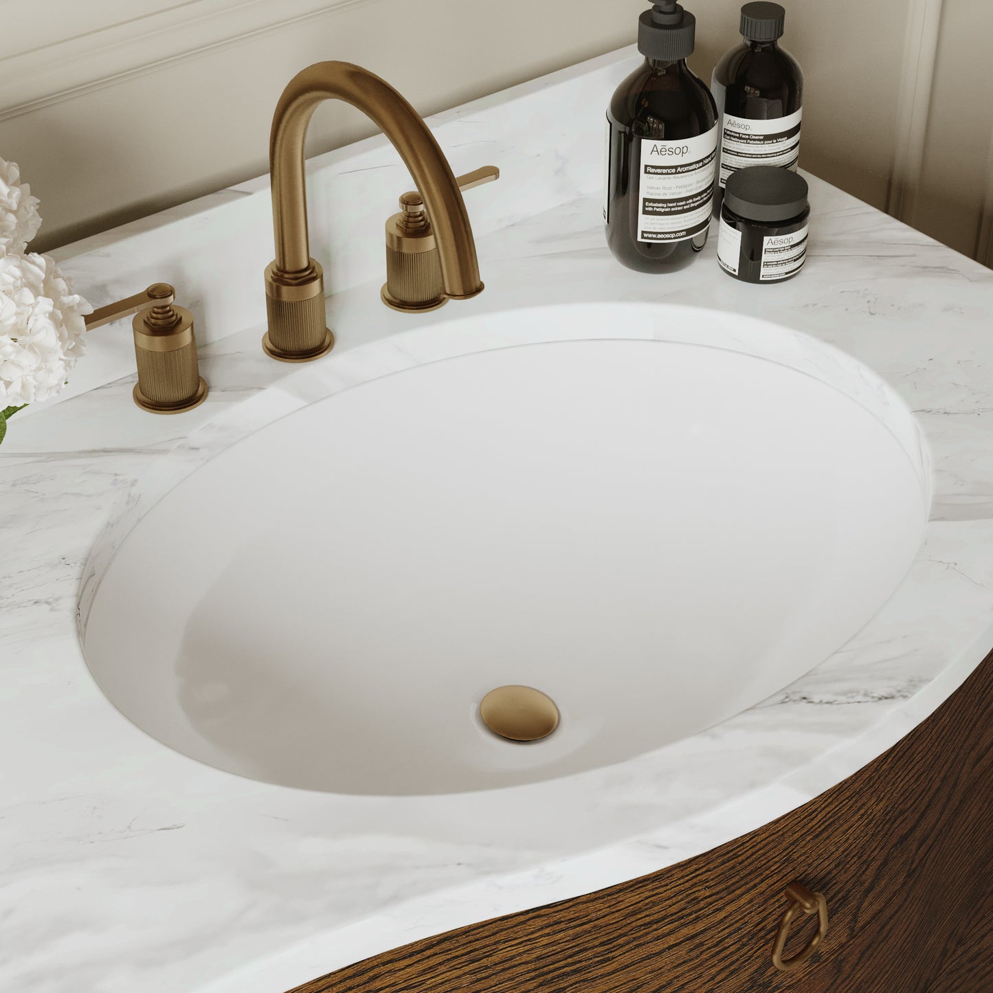 Grace 72" Double Bathroom Vanity | Enhanced Brown Oak | Statuario Quartz Countertop
