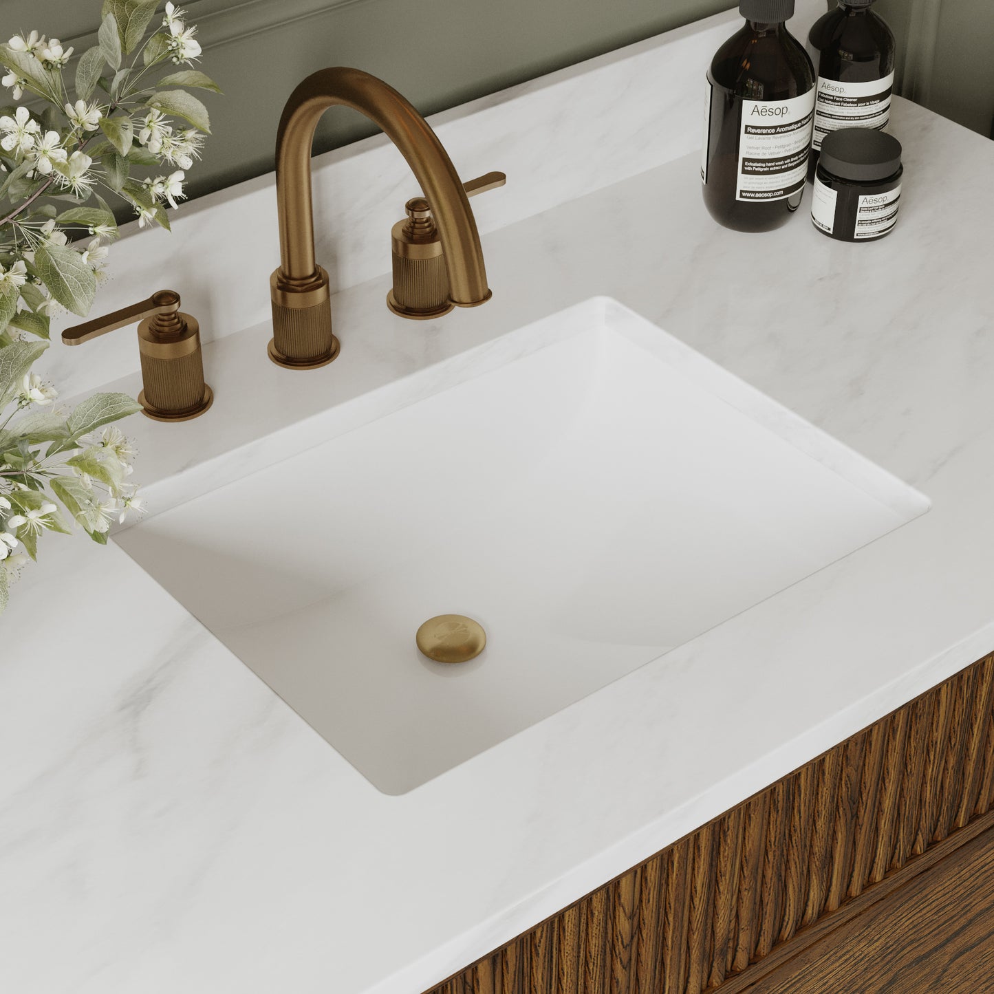 Kathryne 48" Bathroom Vanity in Enhanced Brown Oak | Statuario Quartz