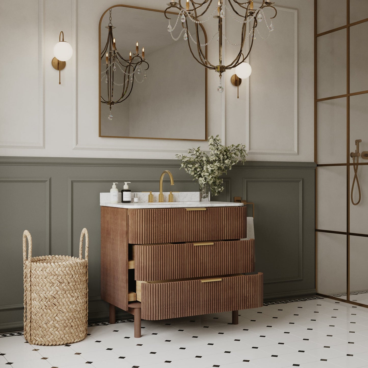 Havana 36" Wide Single Bathroom Vanity in Brown Reeded Birch with Carrara Marble Countertop
