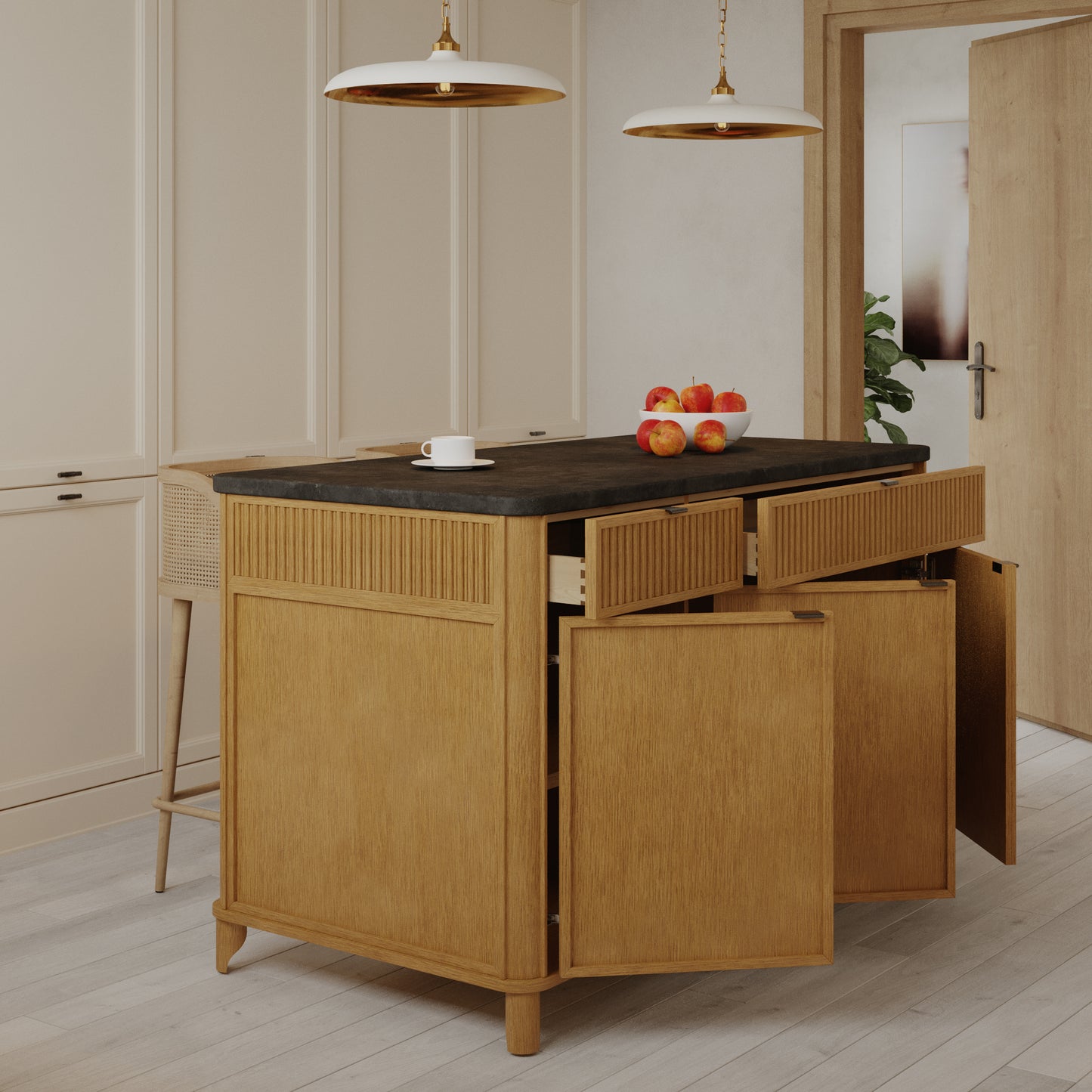 Kathryne 60" Kitchen Island in Oak | Quartz Countertop
