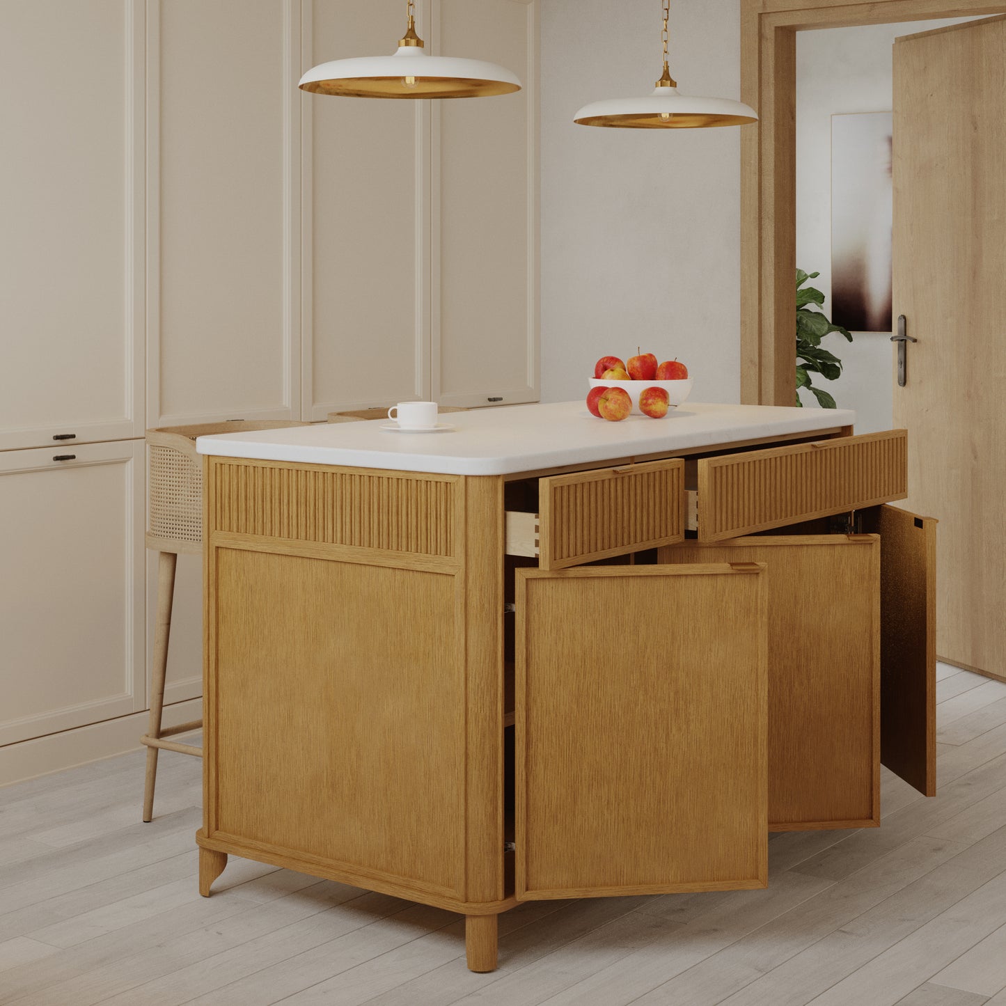 Kathryne 60" Kitchen Island in Oak | Quartz Countertop