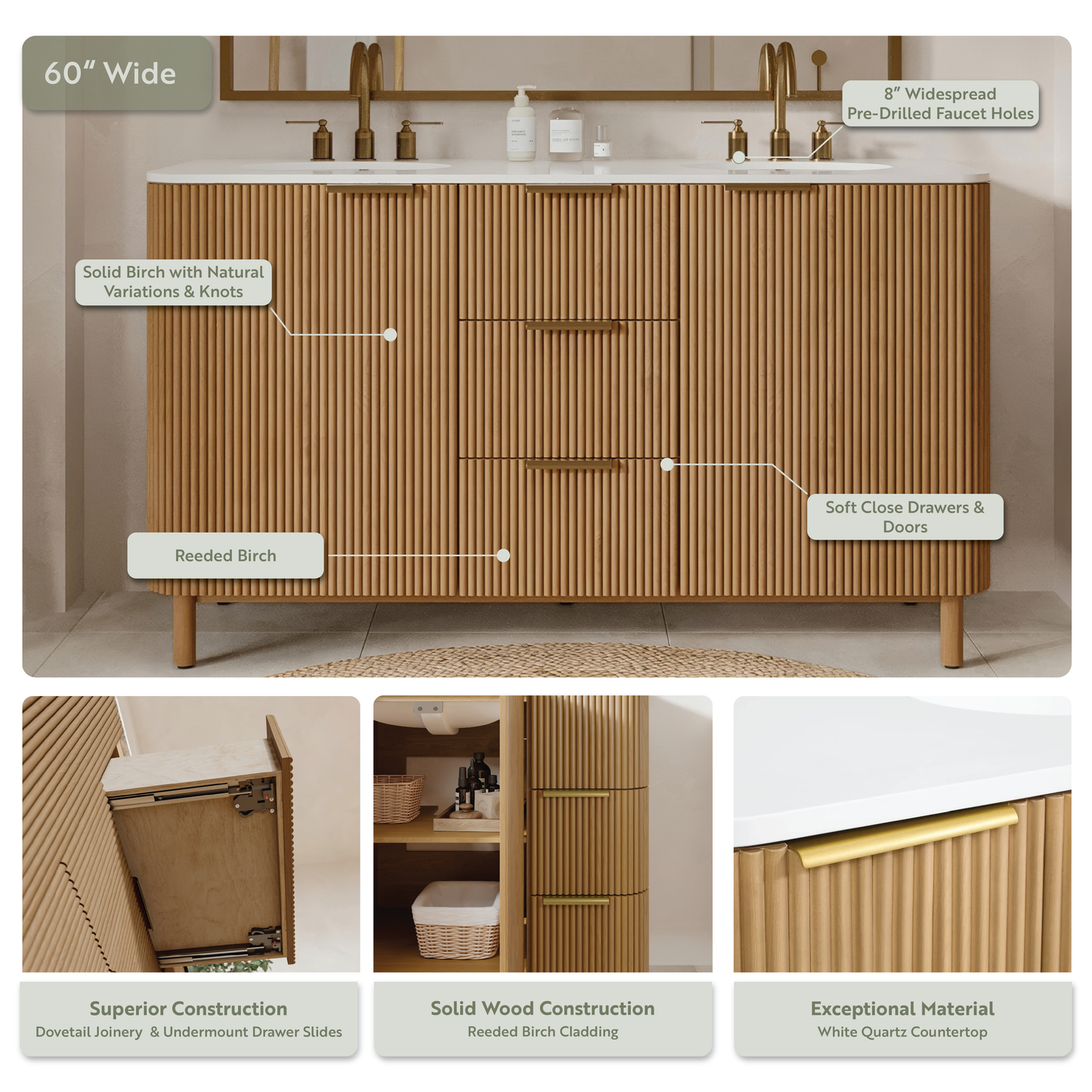 Havana 60" Reeded Double Sink Bathroom Vanity with White Quartz Countertop