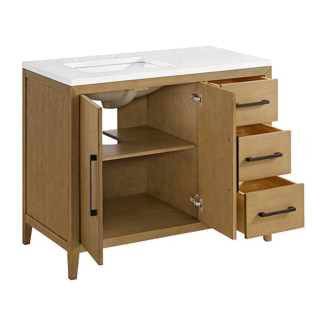 Bergen 42" Wire-brushed Light Oak Undermount Single Sink Bathroom Vanity with White Statuario Quartz Top