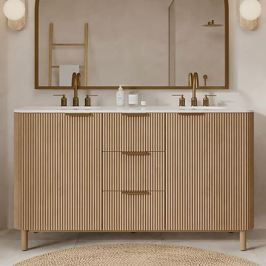 Havana 60" Finished Birch Undermount Double Sink Bathroom Vanity with White Quartz Top
