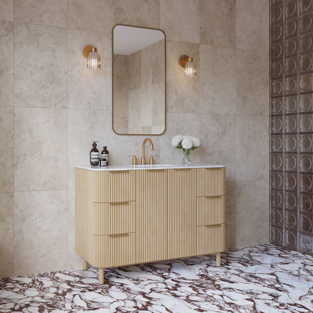 Havana 48" Single Bathroom Vanity in Nordic Reeded Birch | Calacatta Gold Quartz