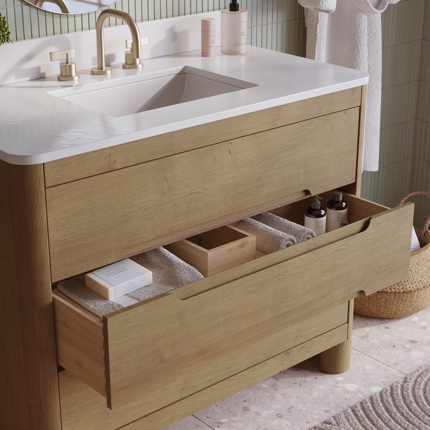Oslo 42" Single Bathroom Vanity in Varnished Oak | White Quartz Countertop