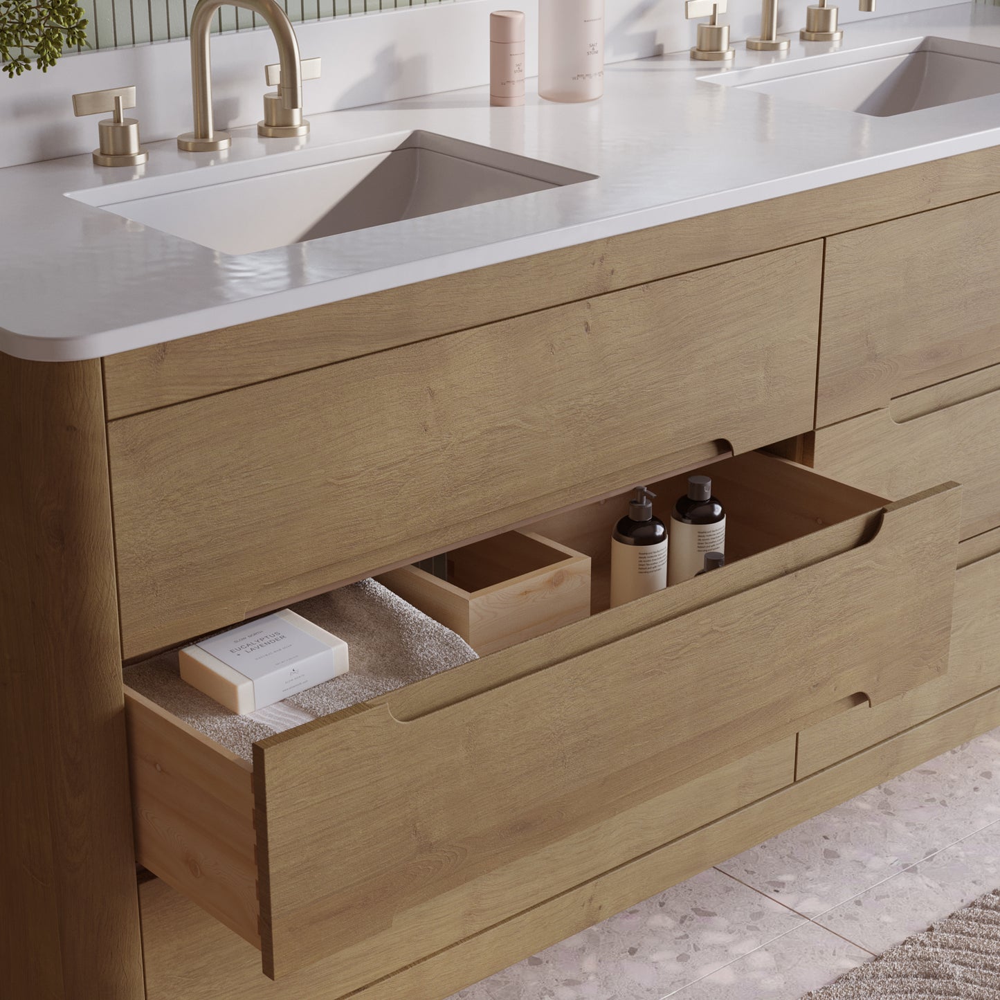 Oslo 72" Double Bathroom Vanity in Varnished Oak | White Quartz Countertop
