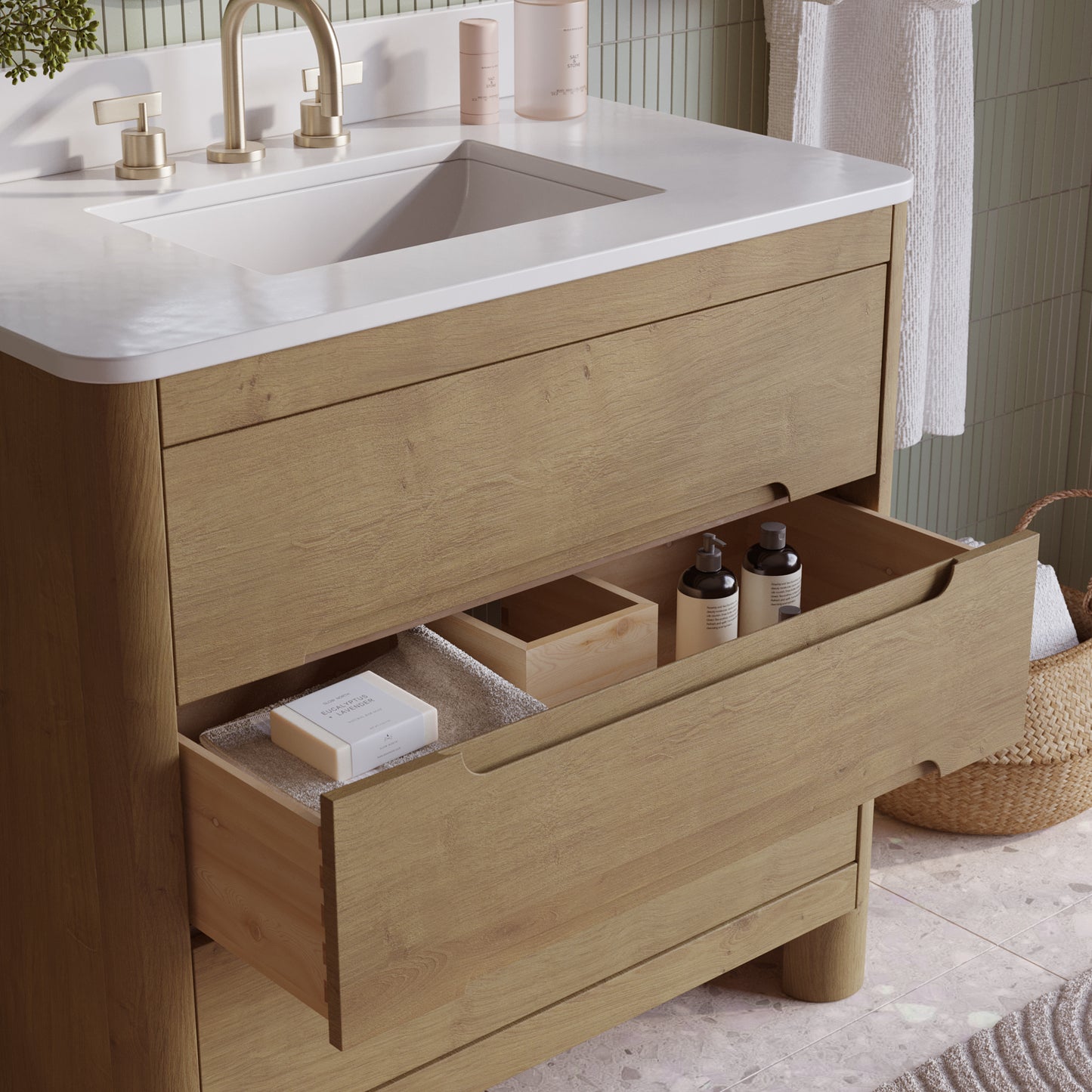 Oslo 36" Single Bathroom Vanity in Varnished Oak | White Quartz Countertop