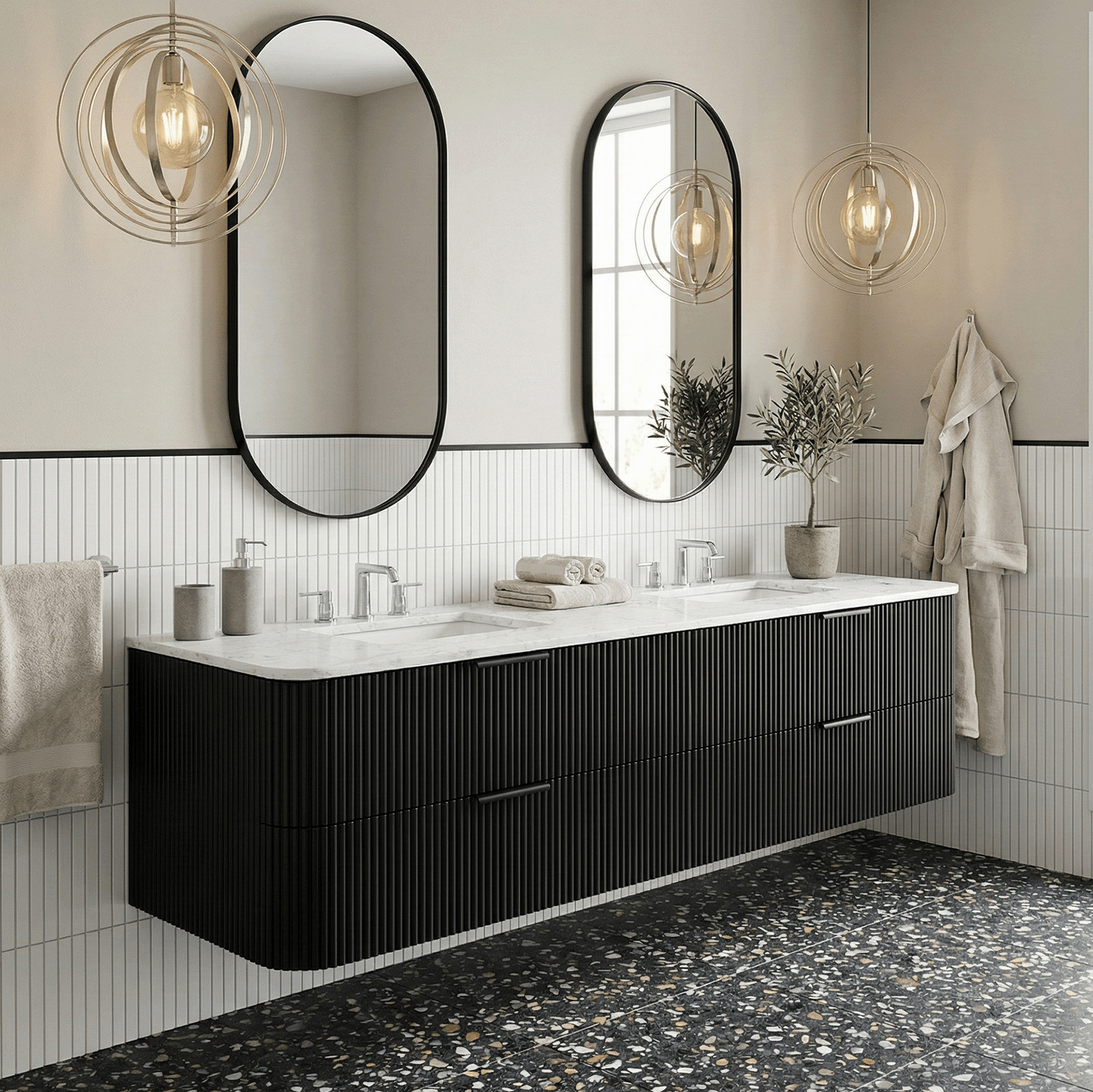 Havana 72" Floating Double Bathroom Vanity in Black Reeded Birch | Carrara Quartz Countertop