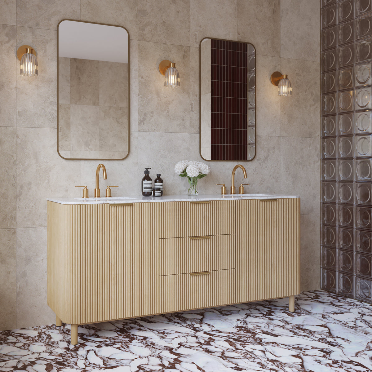 Havana 72" Double Bathroom Vanity in Nordic Reeded Birch | Calacatta Gold Quartz