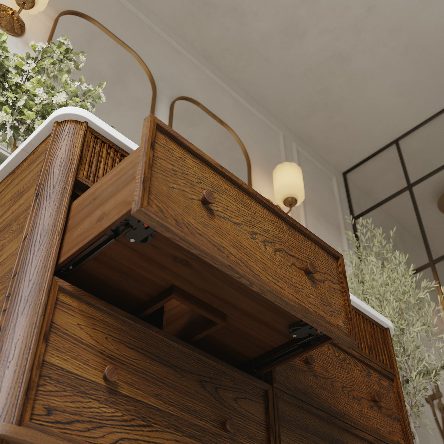 Kathryne 54" Double Bathroom Vanity in Enhanced Brown Oak | Statuario Quartz Countertop