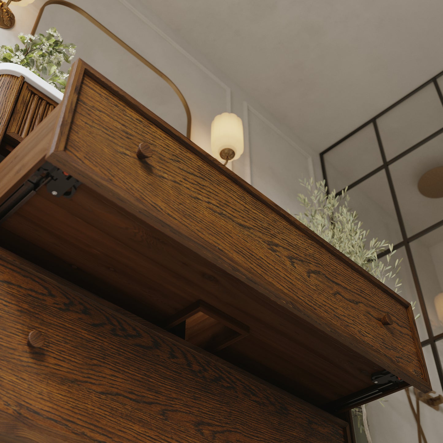 Kathryne 48" Bathroom Vanity in Enhanced Brown Oak | Statuario Quartz