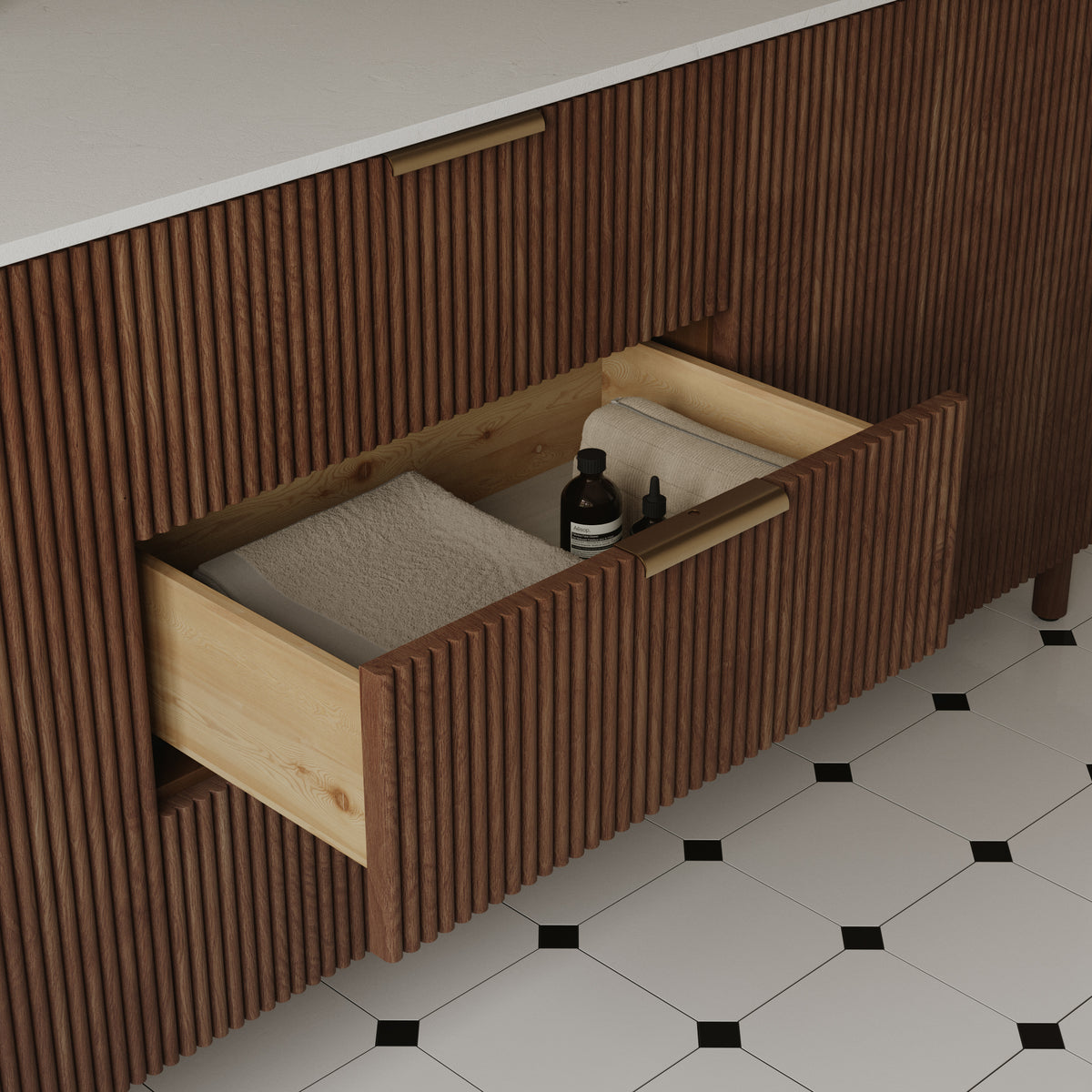 Havana 84" Double Bathroom Vanity in Brown Reeded Birch | Carrara Marble Countertop