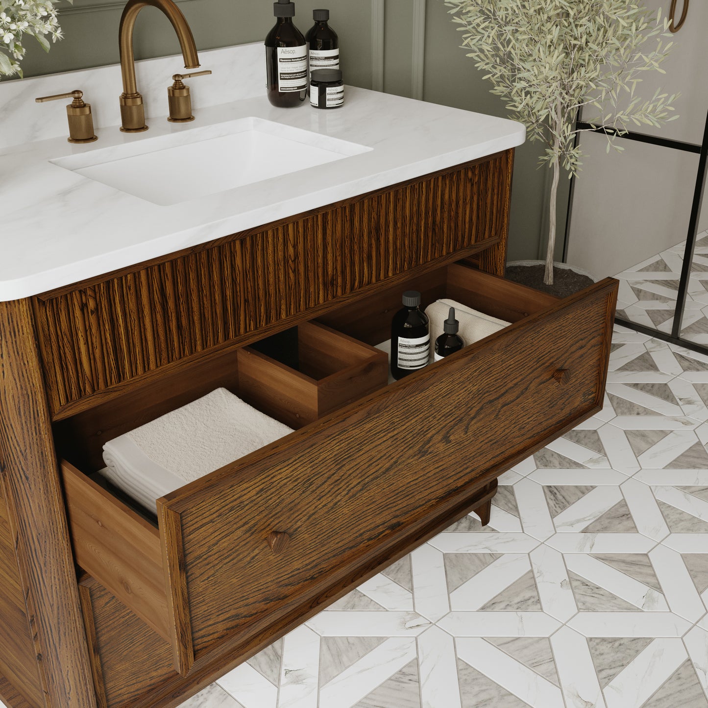 Kathryne 42" Single Bathroom Vanity in Enhanced Brown Oak | Statuario Quartz Countertop