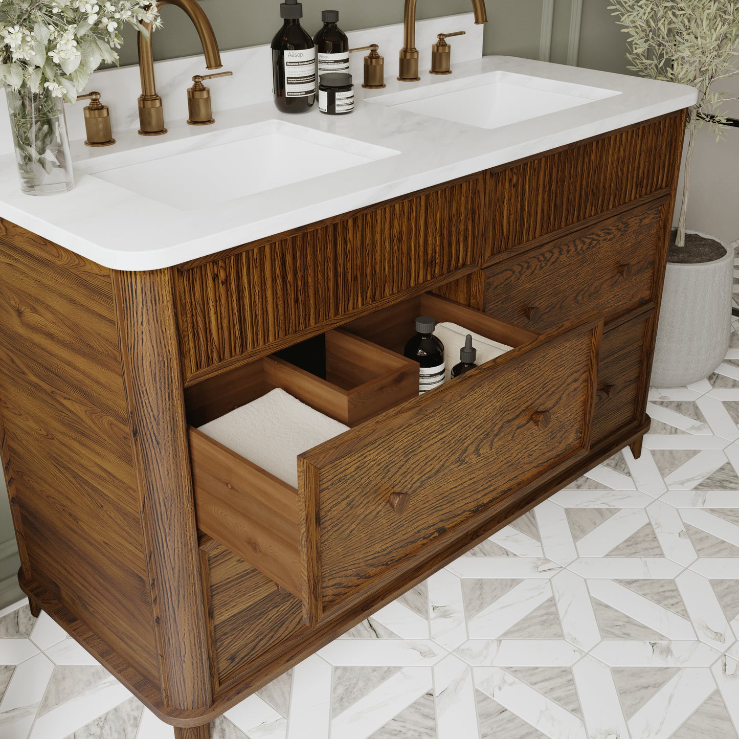 Kathryne 54" Double Bathroom Vanity in Enhanced Brown Oak | Statuario Quartz Countertop
