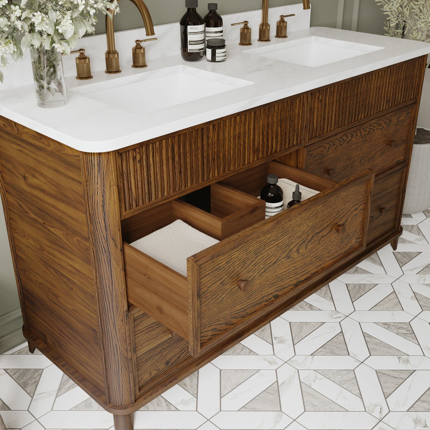 Kathryne 60" Double Bathroom Vanity in Enhanced Brown Oak | Statuario Quartz Countertop